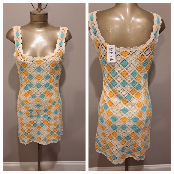 Fab'rik Orange, Turquoise & Cream Crocheted Boho Mini Dress - Picture 2 of 8
